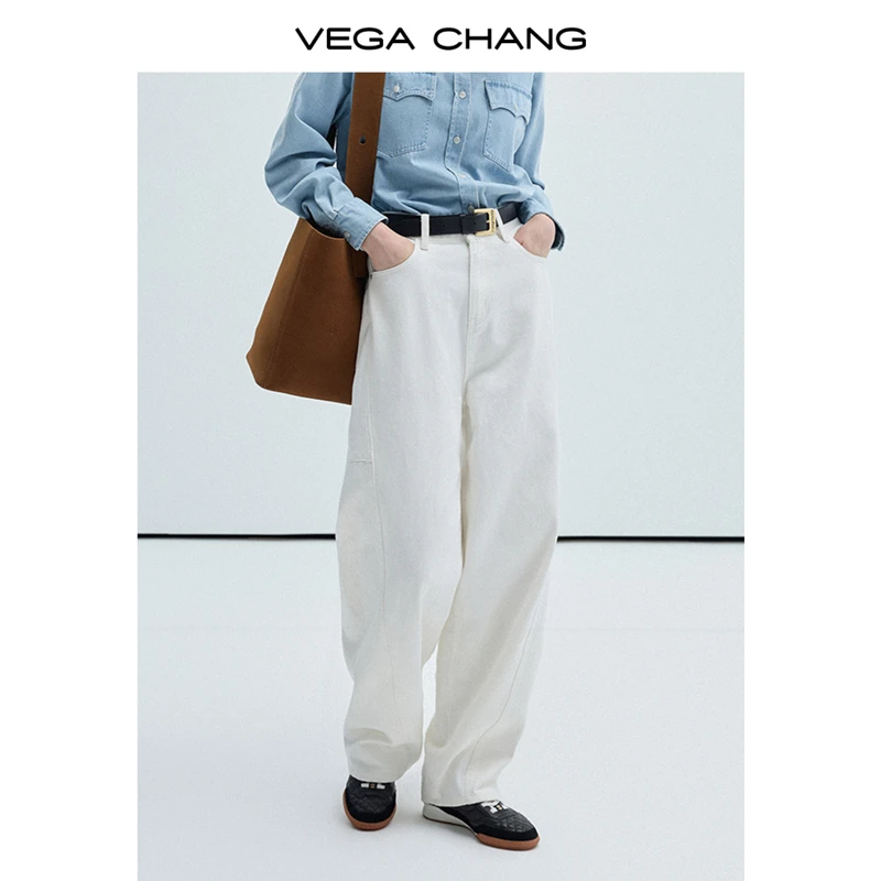 VEGA CHANG牛仔裤女2025秋季季新款休闲香蕉裤宽松阔腿白色裤子