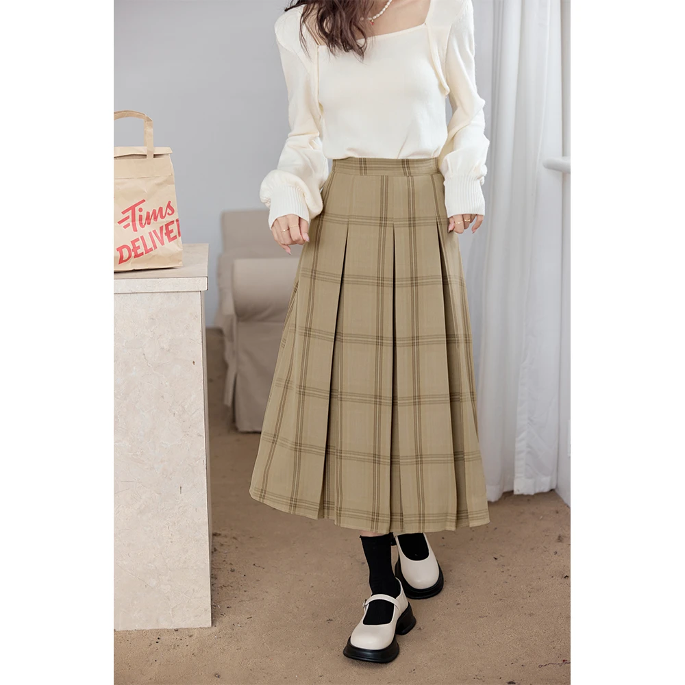 爱蔷薇春装高腰格子百褶裙女2024新款大码胖mm中长款裙子GT67530