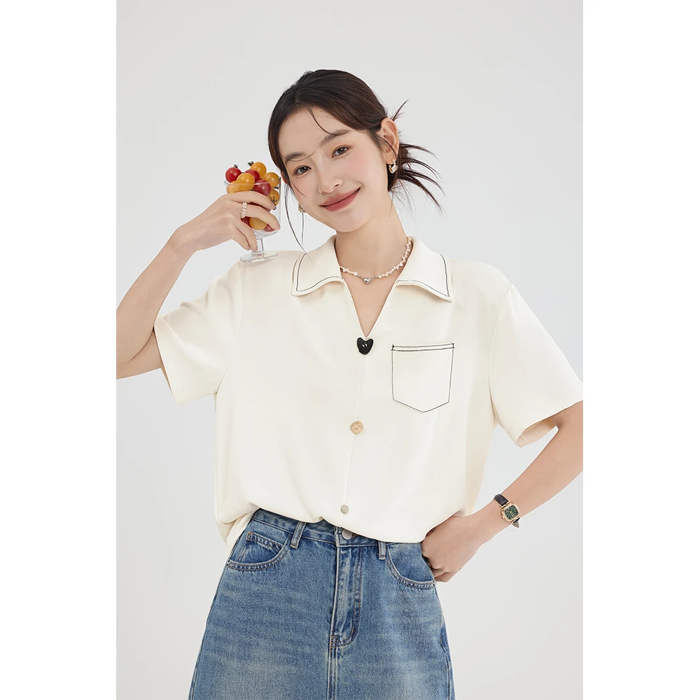爱蔷薇法式正肩衬衫女短袖衬衣夏季微胖mm大码显瘦上衣GT69004