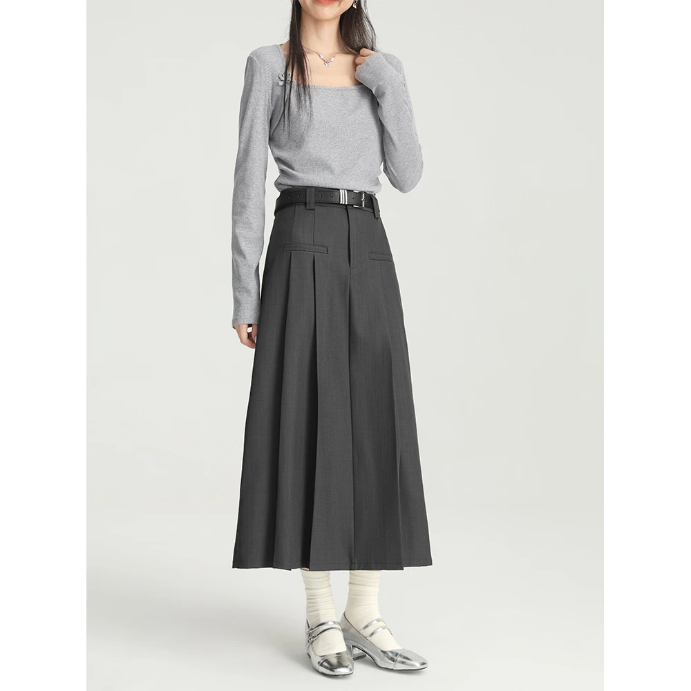 爱蔷薇大码高腰半身裙女2024新款秋季女装长款灰色百褶裙GT73665