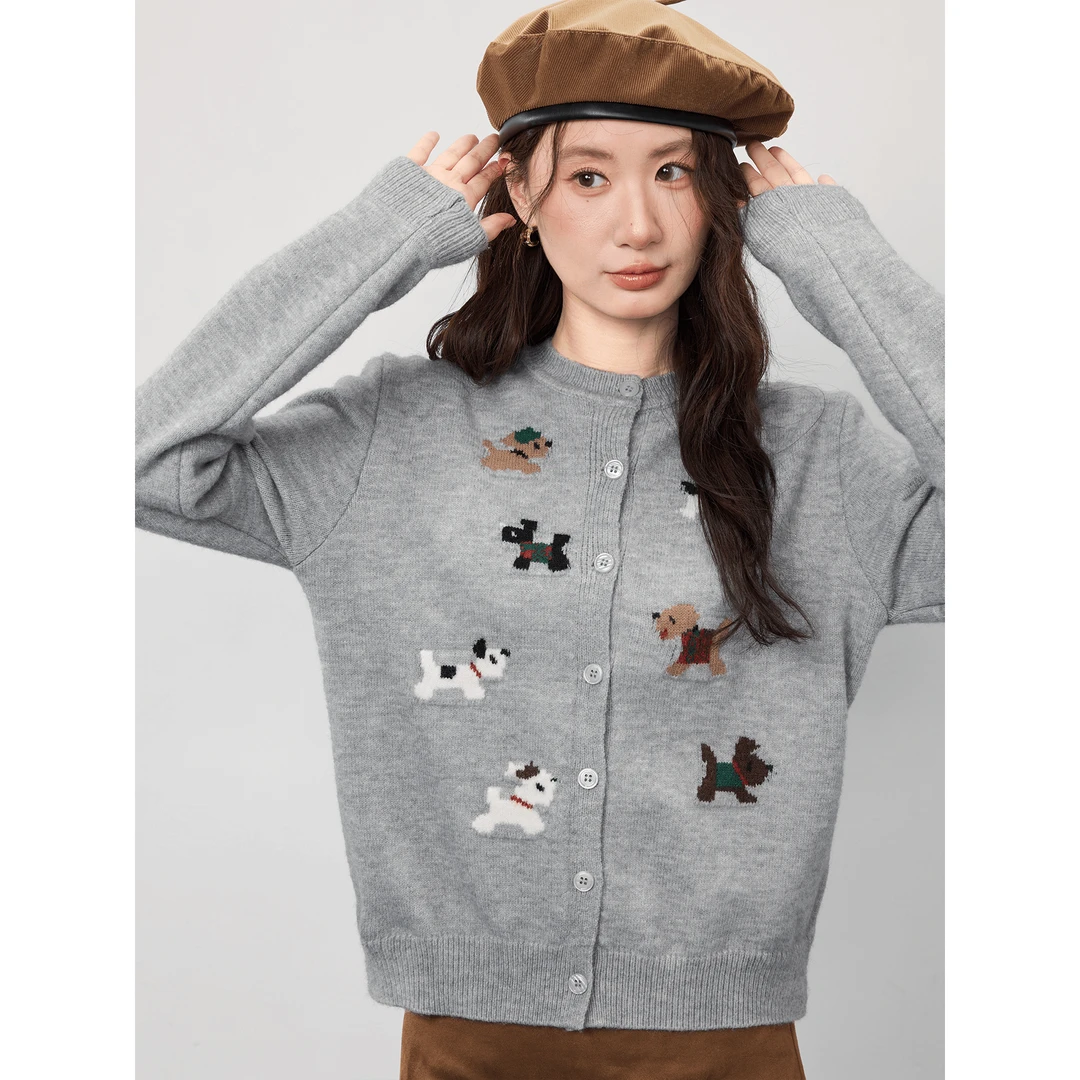 爱蔷薇大码小狗提花毛衣秋冬女2024新款长袖灰色针织衫GT74463