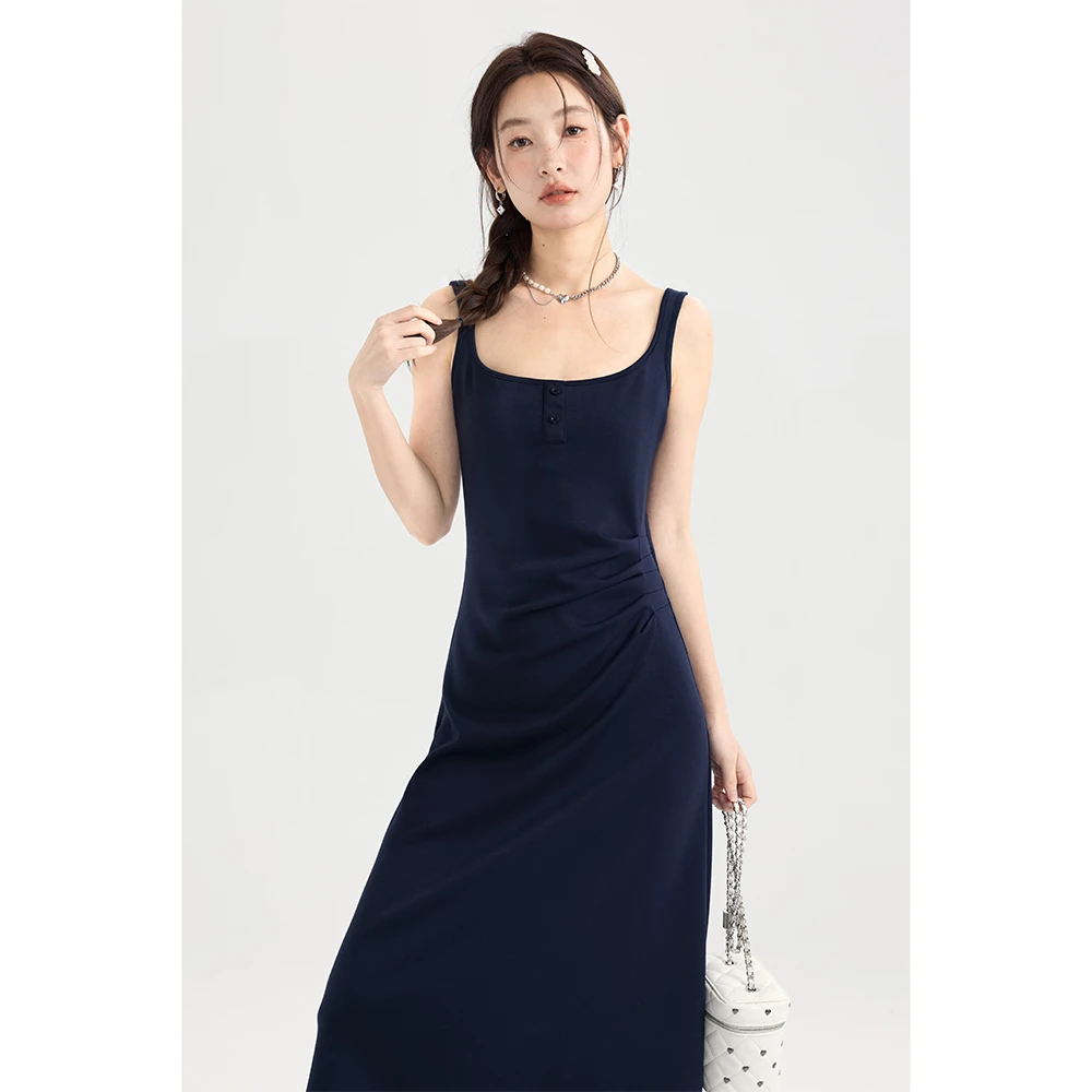 爱蔷薇法式蓝色吊带裙2024新款女夏背心裙显瘦抽褶连衣裙GT72557