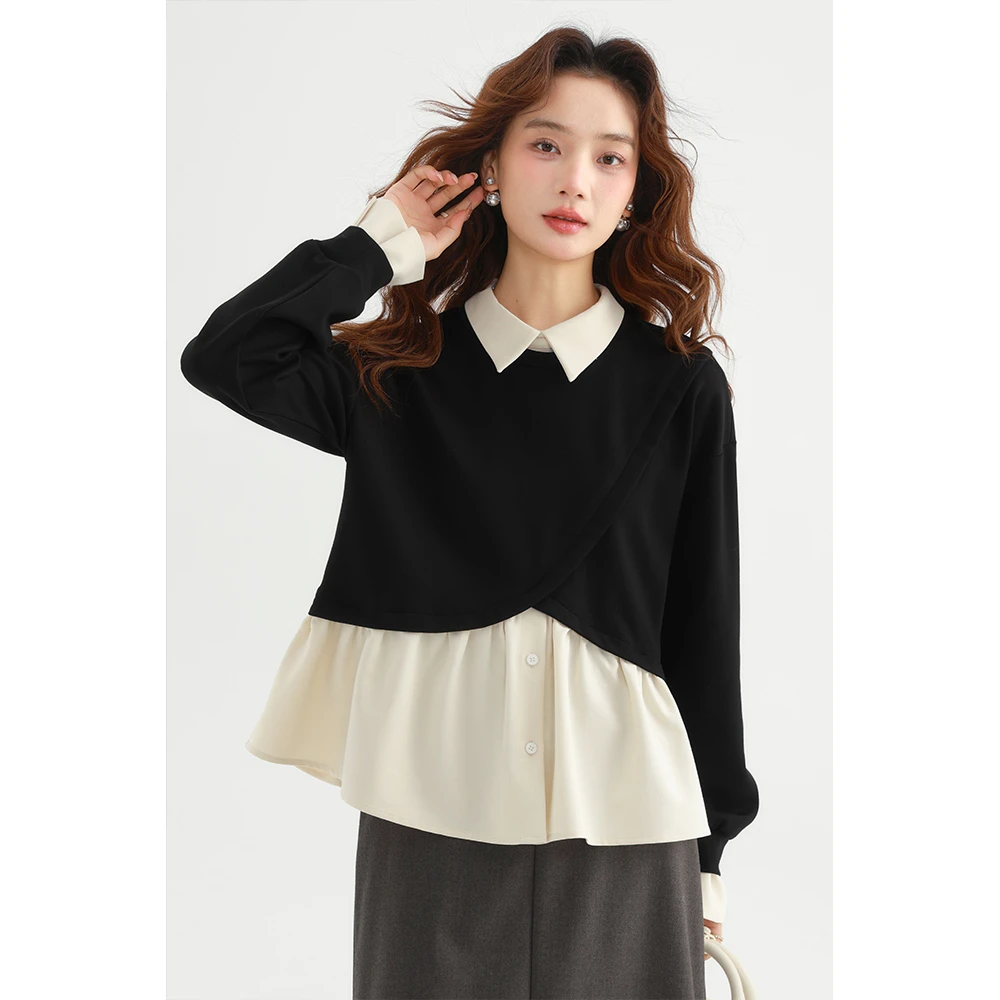 爱蔷薇大码设计感娃娃领卫衣女假两件衬衫拼接荷叶边上衣GT71543