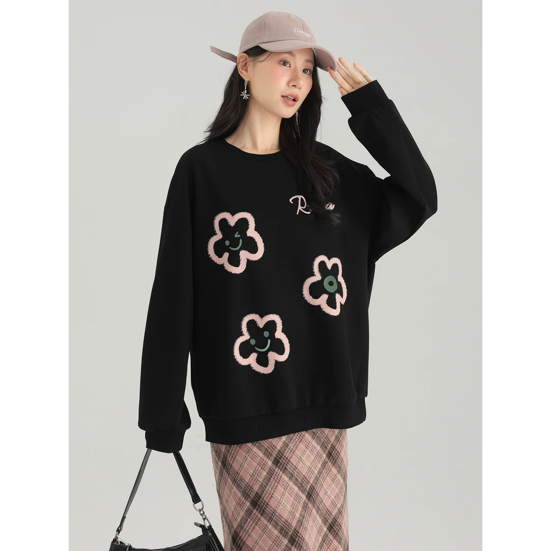 爱蔷薇大码黑色卫衣女秋2024新款胖mm慵懒松弛感穿搭上衣GT74130