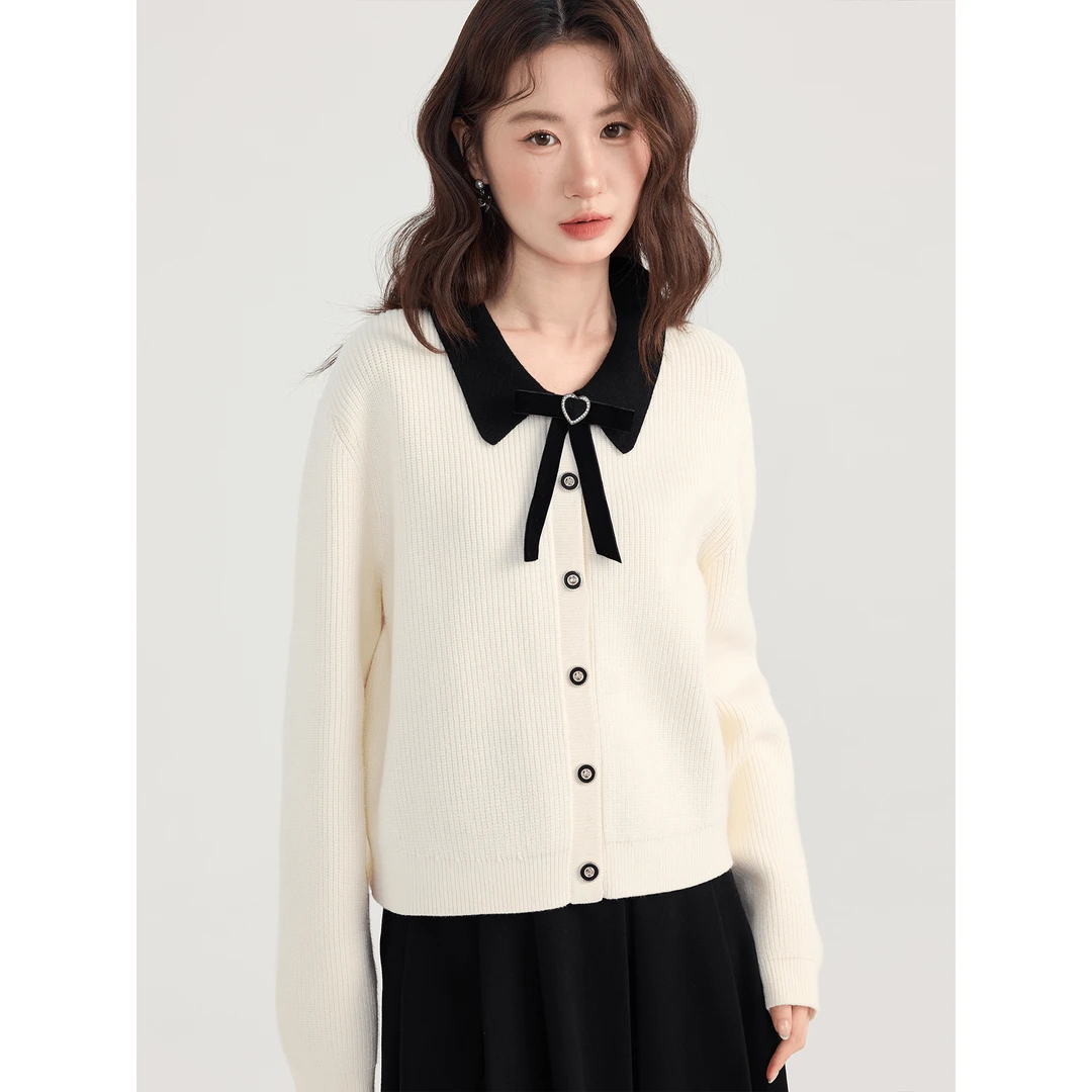 爱蔷薇大码蝴蝶结翻领毛衣开衫女上衣女秋冬小香风针织衫GT74852