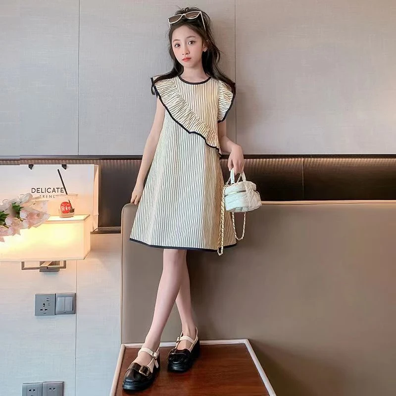 女童连衣裙新款夏天儿童气质小飞袖条纹裙子中大童夏季时尚公主裙