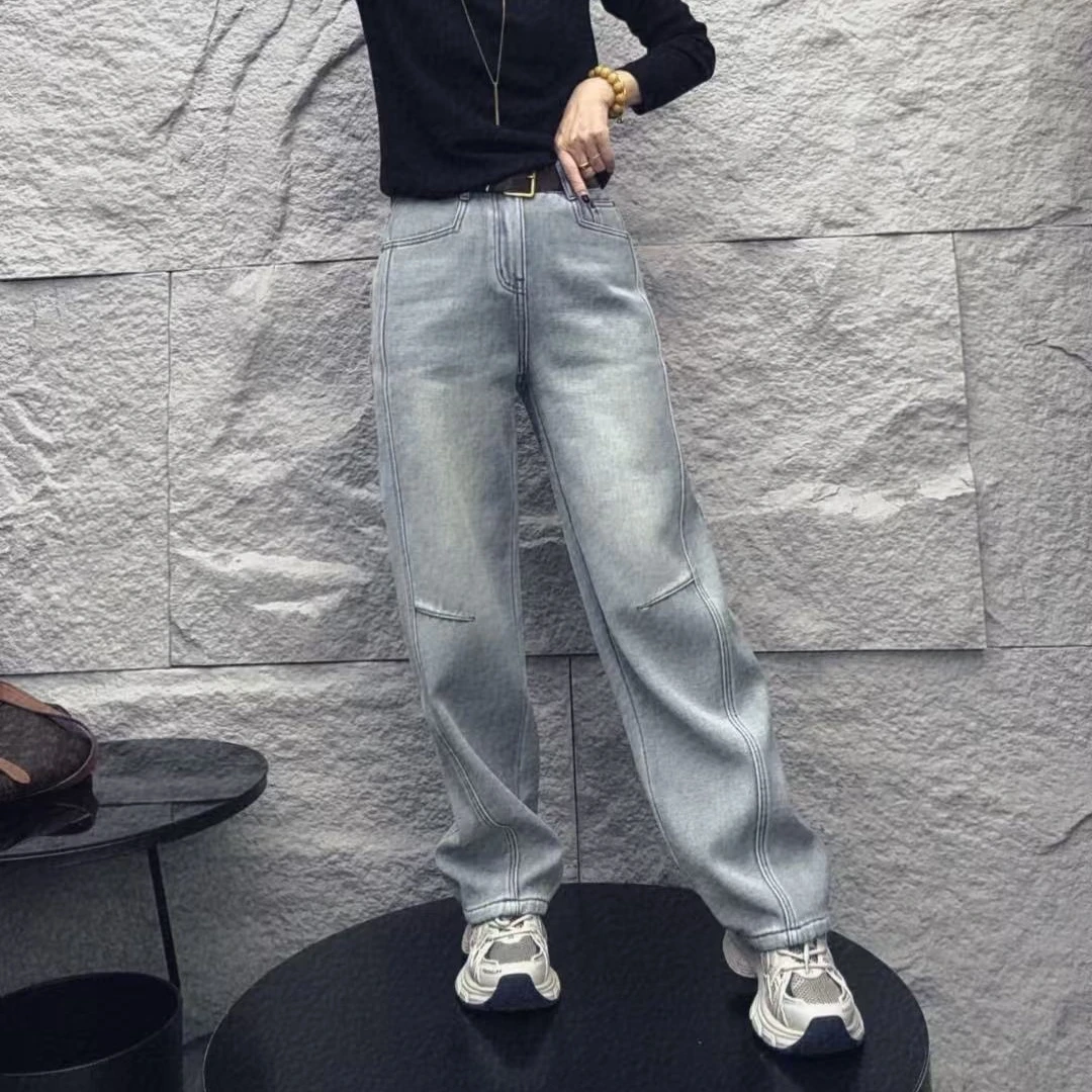 设计感弯刀浅色牛仔裤（加绒）