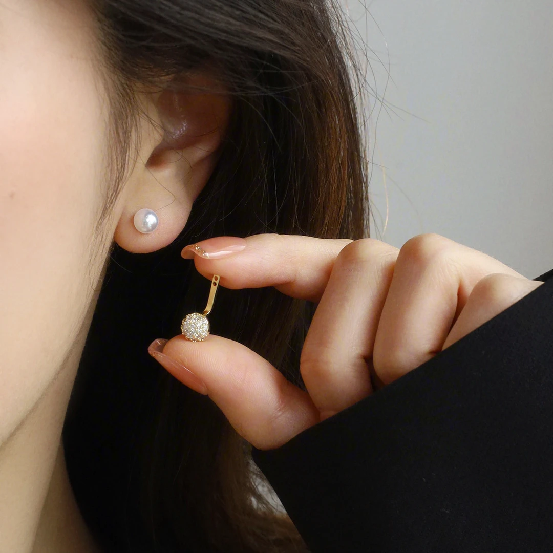 铜合金耳饰 法式温柔气质镶钻小巧珍珠耳环一款两戴时尚通勤耳钉