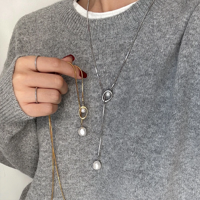 钛钢项链 珍珠法式长款毛衣链秋冬简约轻奢高级感珍珠钛钢项链