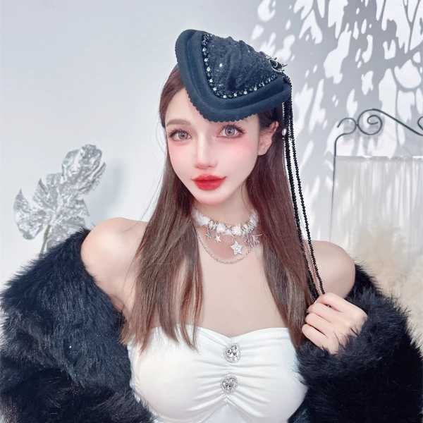 CREAMPP 原创高级订制澳洲羊毛呢双凹槽定型欧式礼帽长流苏发箍帽