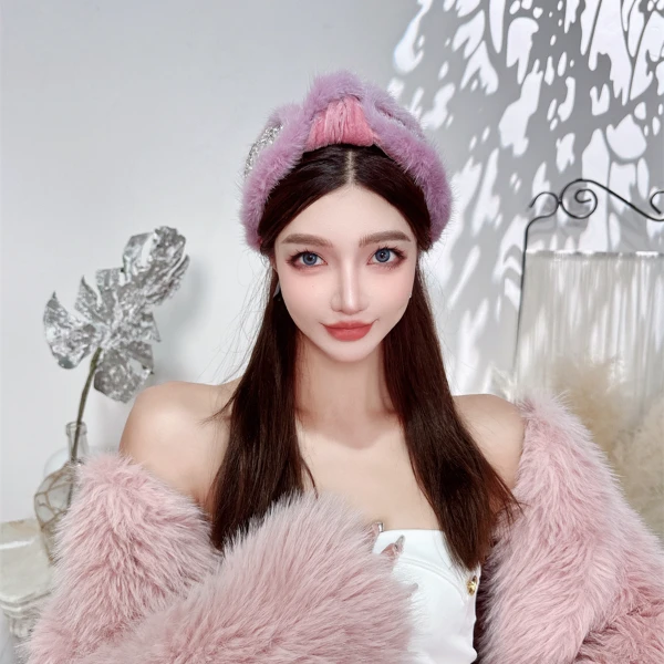 CREAMPP 原创高订秋冬貂绒毛天鹅绒图腾锆石花苞发饰高颅顶宽发箍