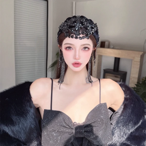 CREAMPP 高奢女王手工夹钻前额吊坠欧式气场复古发饰宽版编织发箍