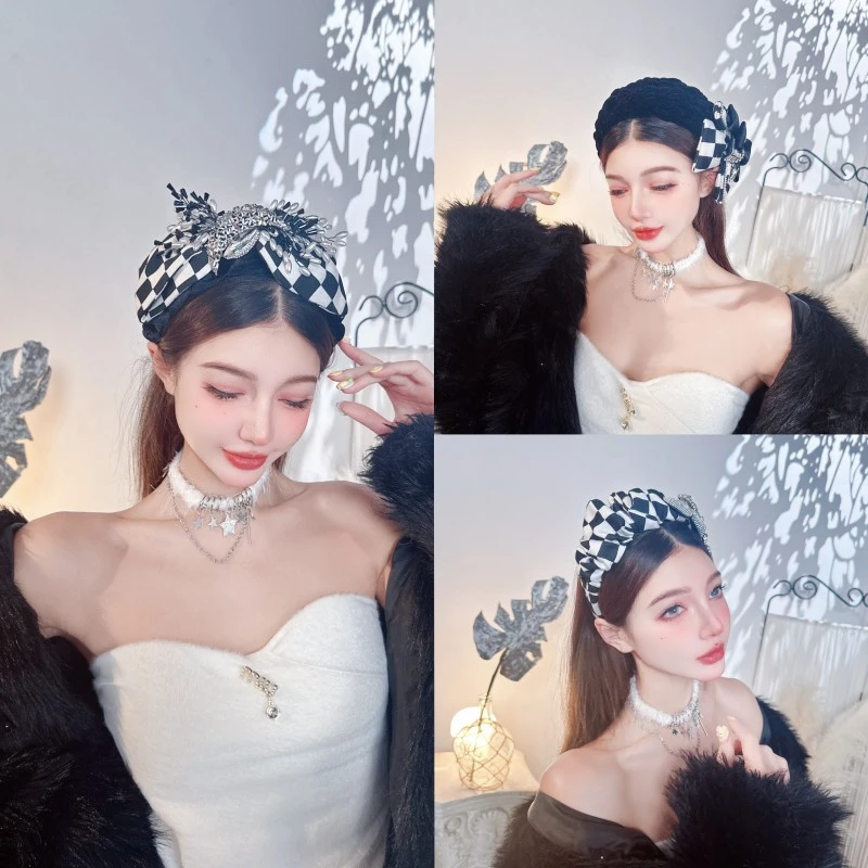 CREAMPP 原创时髦摩登复古黑白棋盘格天鹅绒蝴蝶结褶皱发饰宽发箍