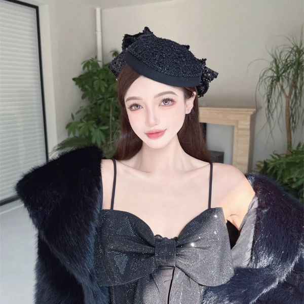 CREAMPP 原创层次感镂空亮丝圆形澳毛呢定型礼帽后背蝴蝶结发夹帽