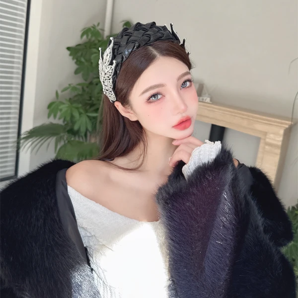 CREAMPP 原创手工编织千金复古风双侧立体钻饰叶皮质发饰质感发箍