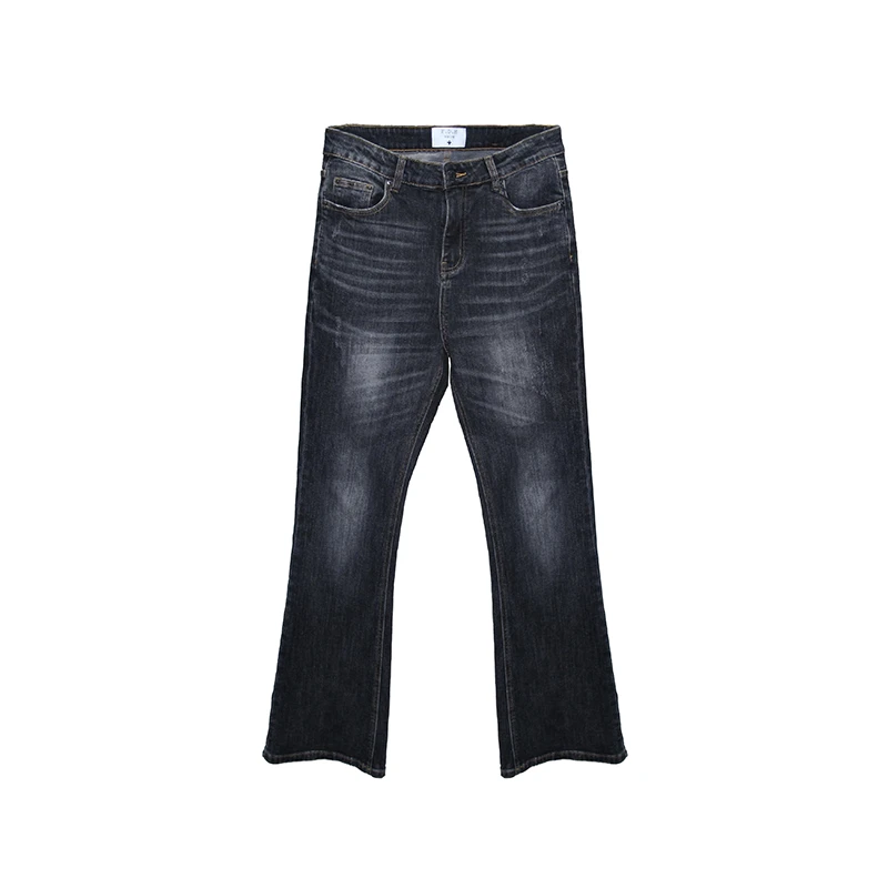 FDM 「wave」竹节纹撞色车缝 重工艺洗水黑灰微弹直筒微喇牛仔裤