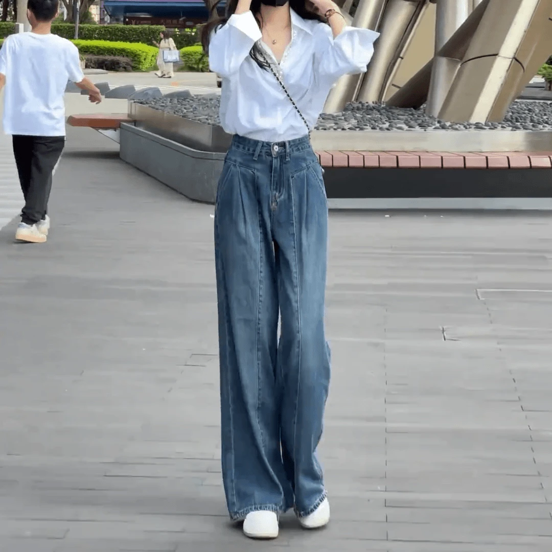 复古遮胯阔腿牛仔裤女新款高腰显瘦垂感收腰梨形身材宽松G