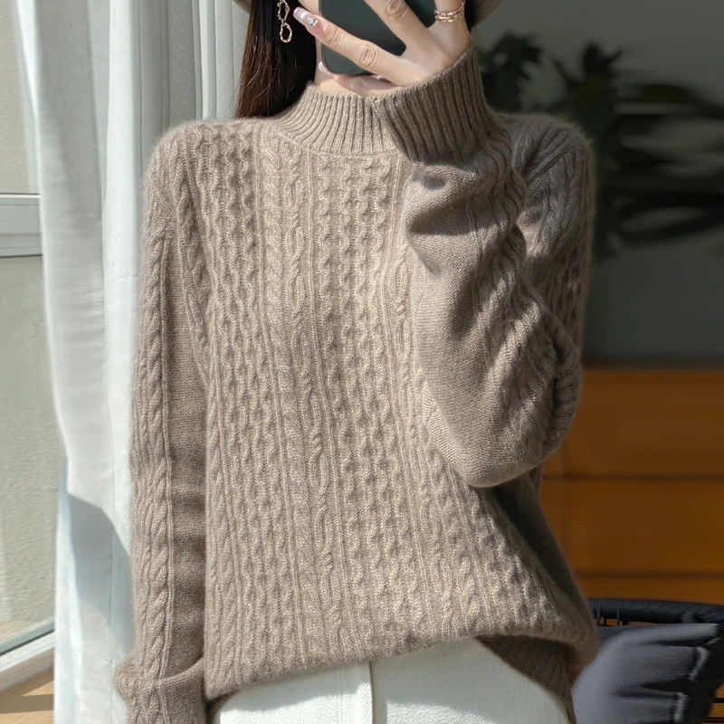 24秋冬新款半高领加厚扭花100%纯羊毛衫女纯色慵懒保暖内搭打底衫