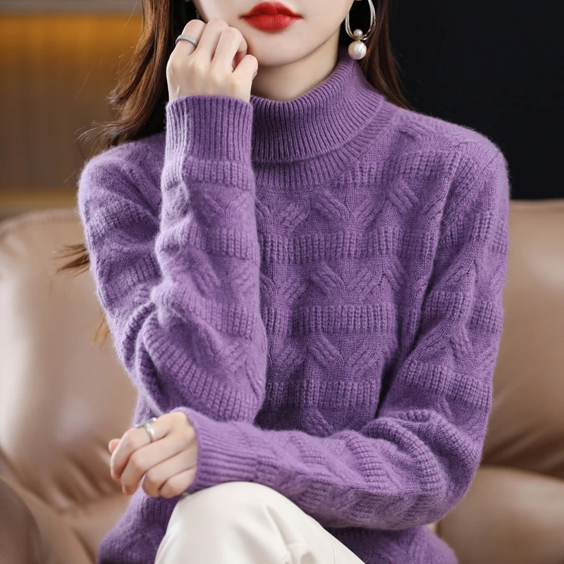 秋冬新款加厚麻花高领100%纯羊毛衫女纯色慵懒软糯保暖内搭打底衫