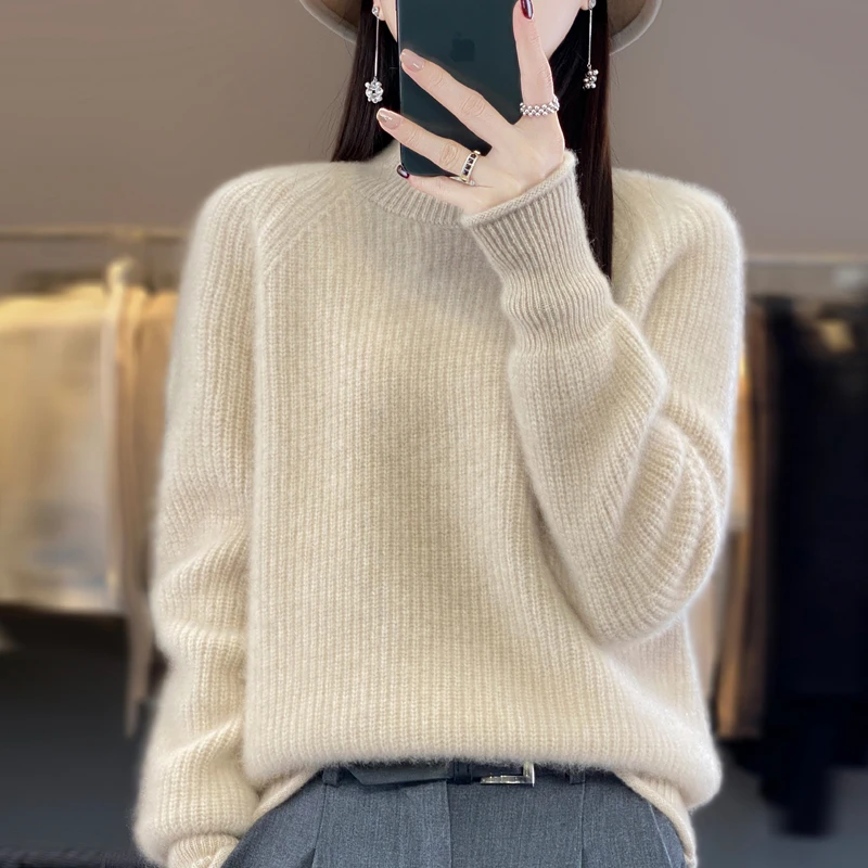 秋冬新款七针加厚元宝针半高100%纯羊毛衫女抽条卷边韩系内搭打衫