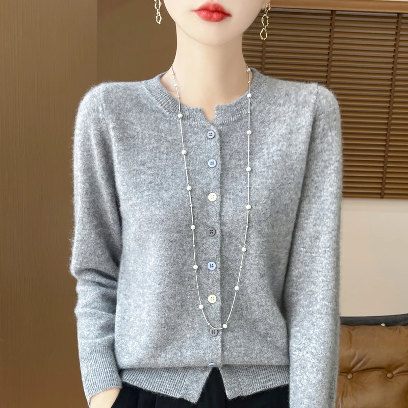 哥弟阿玛施正品一线成衣100%纯羊毛衫女秋冬气质通勤百搭彩扣开衫