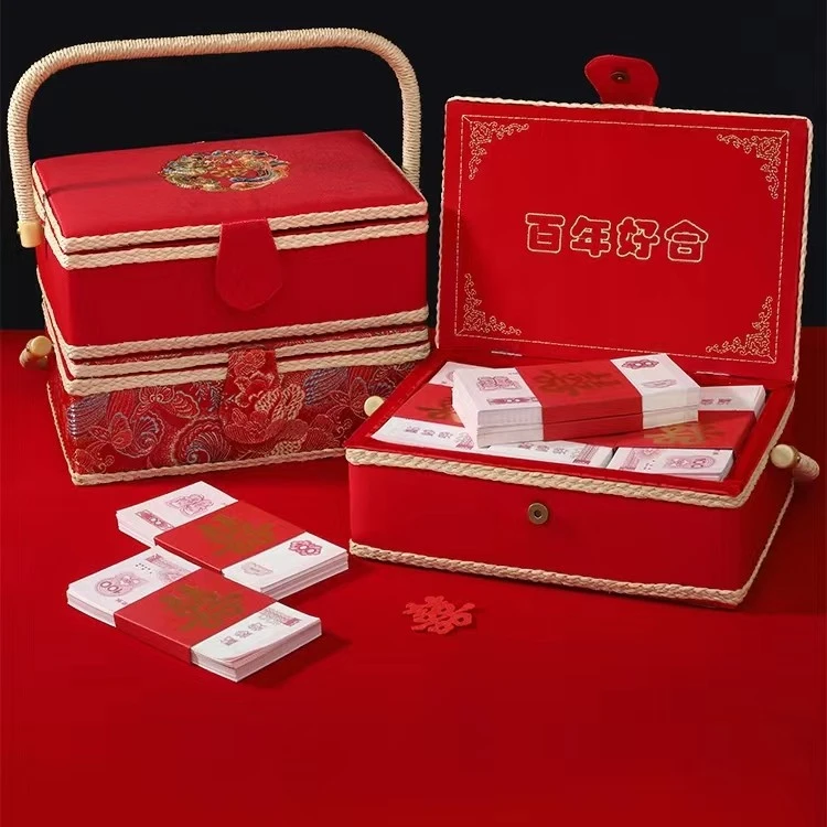140* 新娘陪嫁  手提盒   提篮国潮风礼金箱   缎子料方盒
