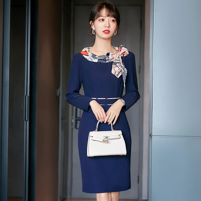 职业长袖连衣裙女春秋工作服空姐装修身优雅A字裙中式名媛风