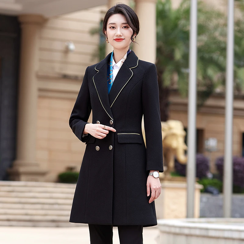 冬季职业呢子外套中长款加厚保暖前台酒店工作服气质修身显瘦2331