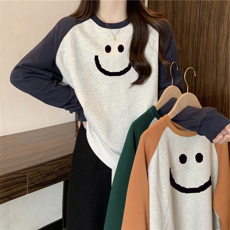 oversize插肩袖卫衣女春秋冬装加绒加厚宽松撞色长袖T恤上衣服潮