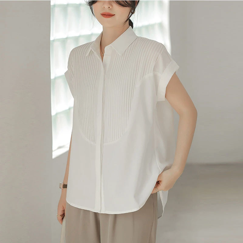 MODI茉笛2023夏季新款风琴褶宽松短袖显瘦气质休闲百搭白衬衫女