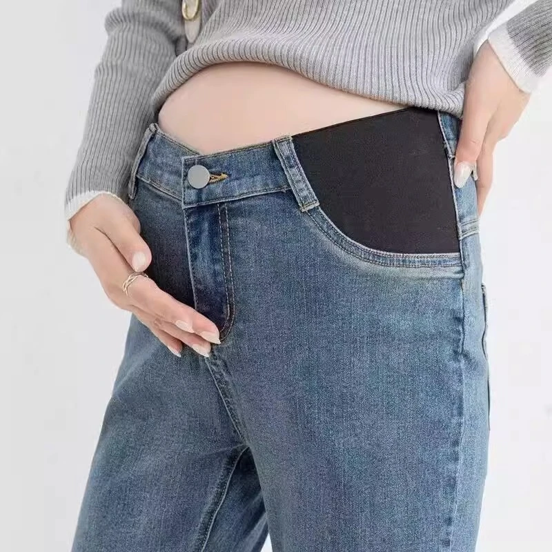 孕妇裤子春秋外穿无托腹弹力直筒牛仔裤秋冬加绒显瘦小个子烟管裤