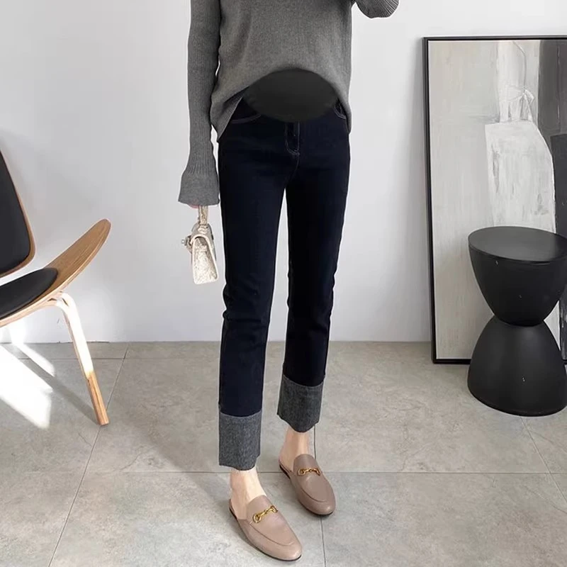 孕妇裤子黑色托腹直筒牛仔裤秋冬薄绒显瘦九分裤小个子弹力烟管裤