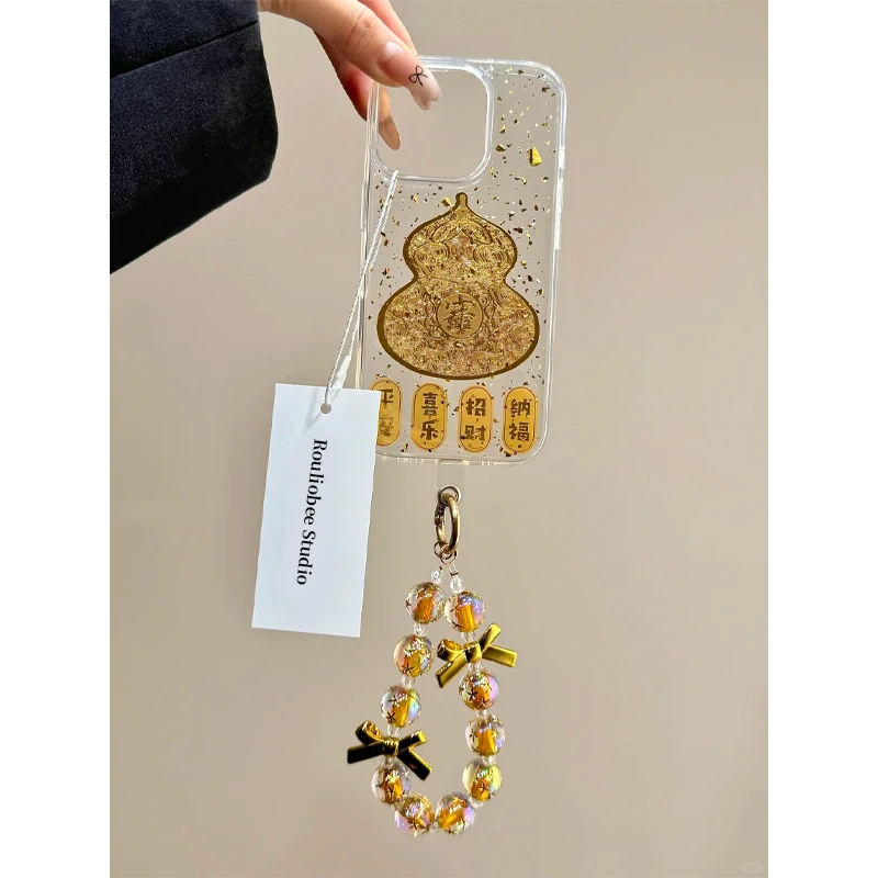 金箔滴胶金葫芦适用苹果16/15/14promax国潮手机壳13/12珠链11套