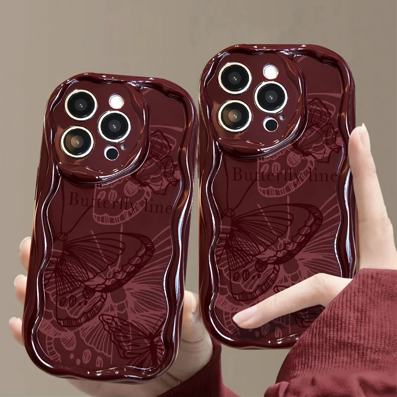 ins蝴蝶适用iPhone15promax奶油壳xsxr手机壳苹果11/12/13/14线条