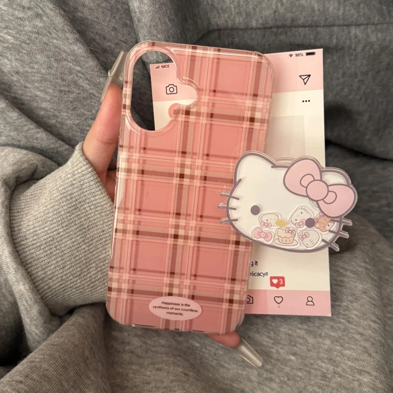 暖冬格纹粉高透适用苹果16蝴蝶结KT支架手机壳华为vivo小米14透明