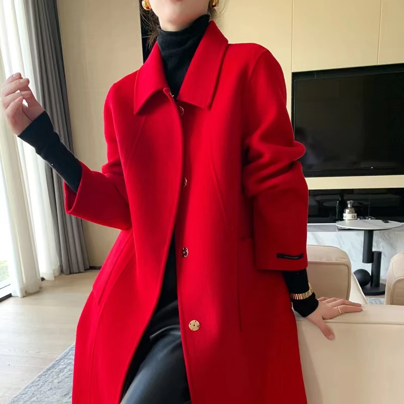 高端双面羊毛大衣女系带中长款过膝100%羊毛2024新款显瘦毛呢外套