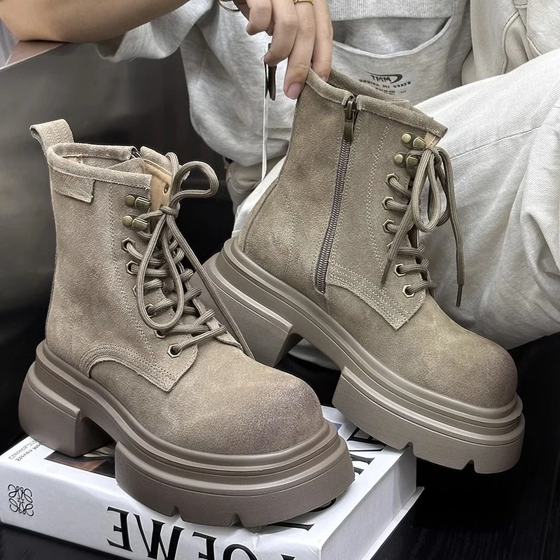 马丁靴女磨砂皮2024新款复古厚底机车短靴厚底大黄靴粗跟工装靴潮