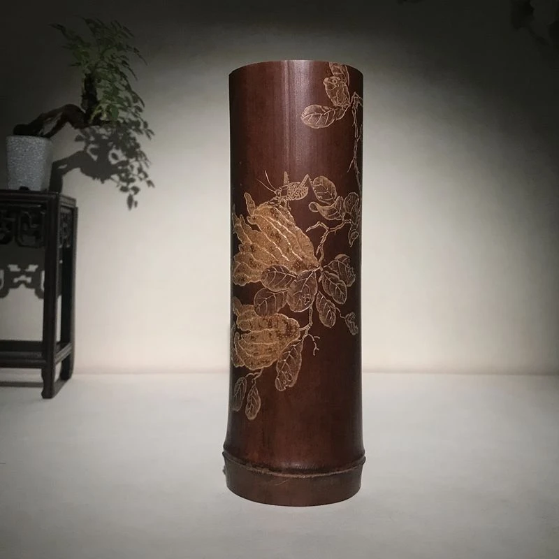 老煤竹纯手工雕刻茶则/臂搁【佛手蝈蝈】尺寸;17.5*5.55CM