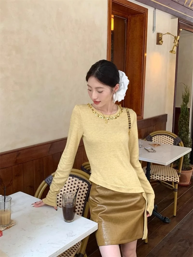 18春秋修身百搭气质显瘦飘带上衣女韩系网红亮片圆领长袖打底衫