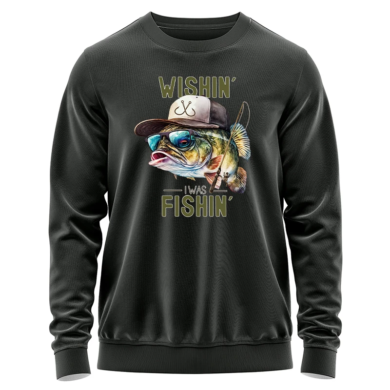 钓鱼服墨镜鲈鱼印花长袖圆领套头卫衣秋冬季时尚户外休闲宽松舒适