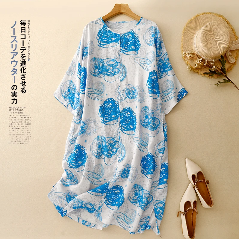 民族风印花薄款大码宽松遮肉休闲A字裙圆领短袖裙子女宽松连衣裙