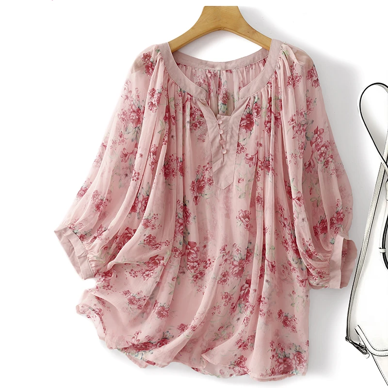 小清新薄款灯笼袖显瘦碎花衫印花大码宽松女士上衣夏季长袖T恤