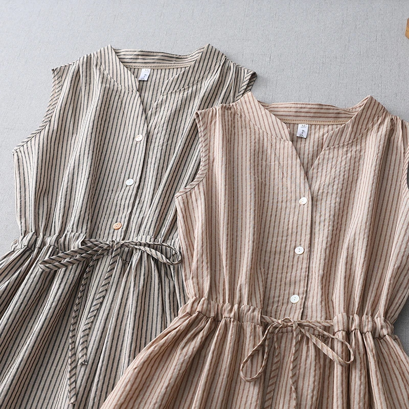 洋气薄款棉麻条纹V领衬衫裙休闲长裙女收腰背心宽松连衣裙女夏季