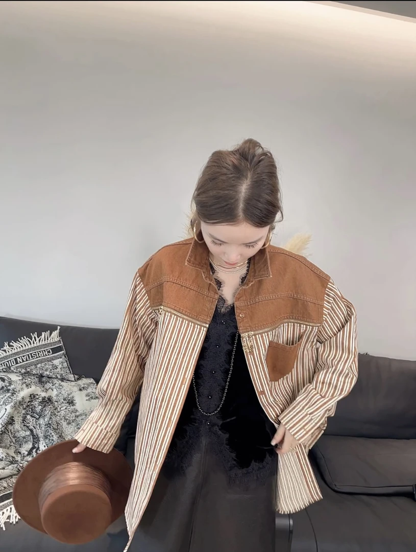欧洲站新款欧货W123正品时尚休闲百搭条纹拼接牛仔外套女上衣2217