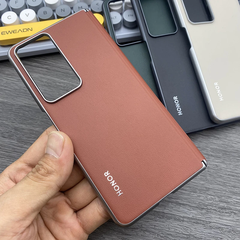 适用于荣耀magicv2手机壳带中轴磁吸后壳VS2素皮半包防摔保护壳硬