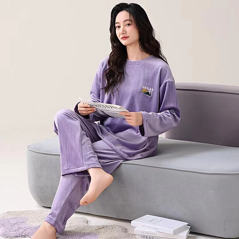 【双面海岛绒】女士秋冬套头加绒保暖睡衣家居服套装