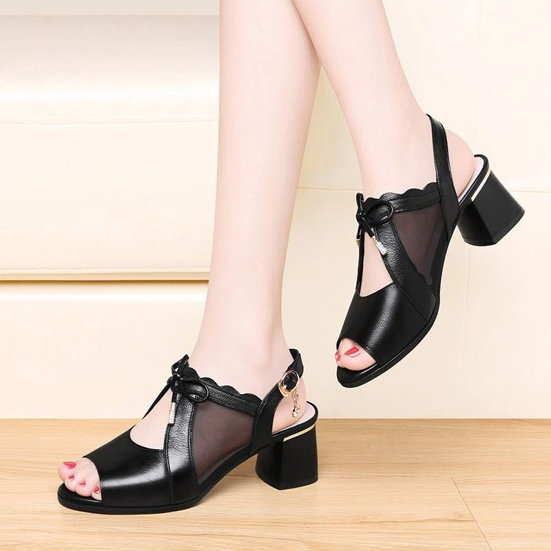 时尚透气中跟凉女士鞋夏季2024粗跟鞋妈妈鞋百搭低跟网纱女凉女鞋