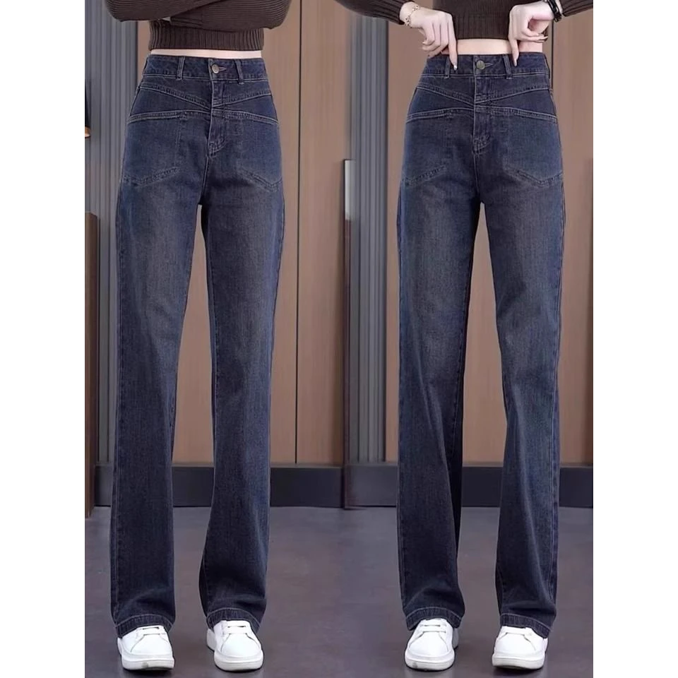 高档水泥灰窄版新年牛仔裤阔腿女战袍加绒显瘦垂感复古高腰直筒裤