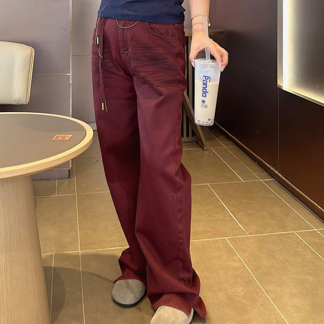 YIYI  2024秋季时尚新品    早秋高腰抽绳红色直筒牛仔裤窄版