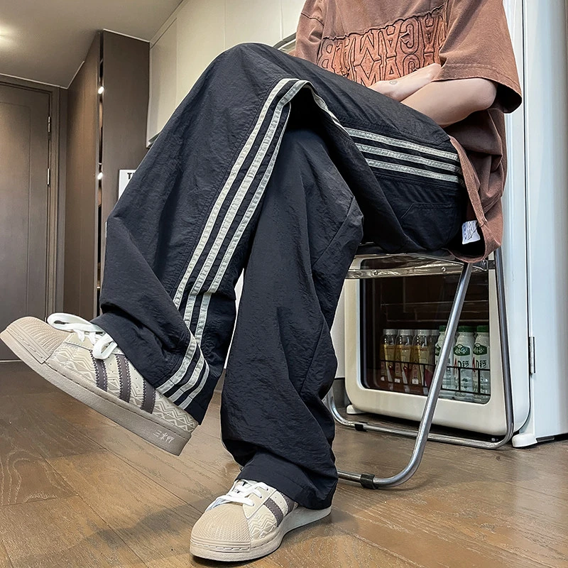 纪珀汀美式侧边条纹休闲裤男冰丝宽松高街运动阔腿冲锋裤子K6866